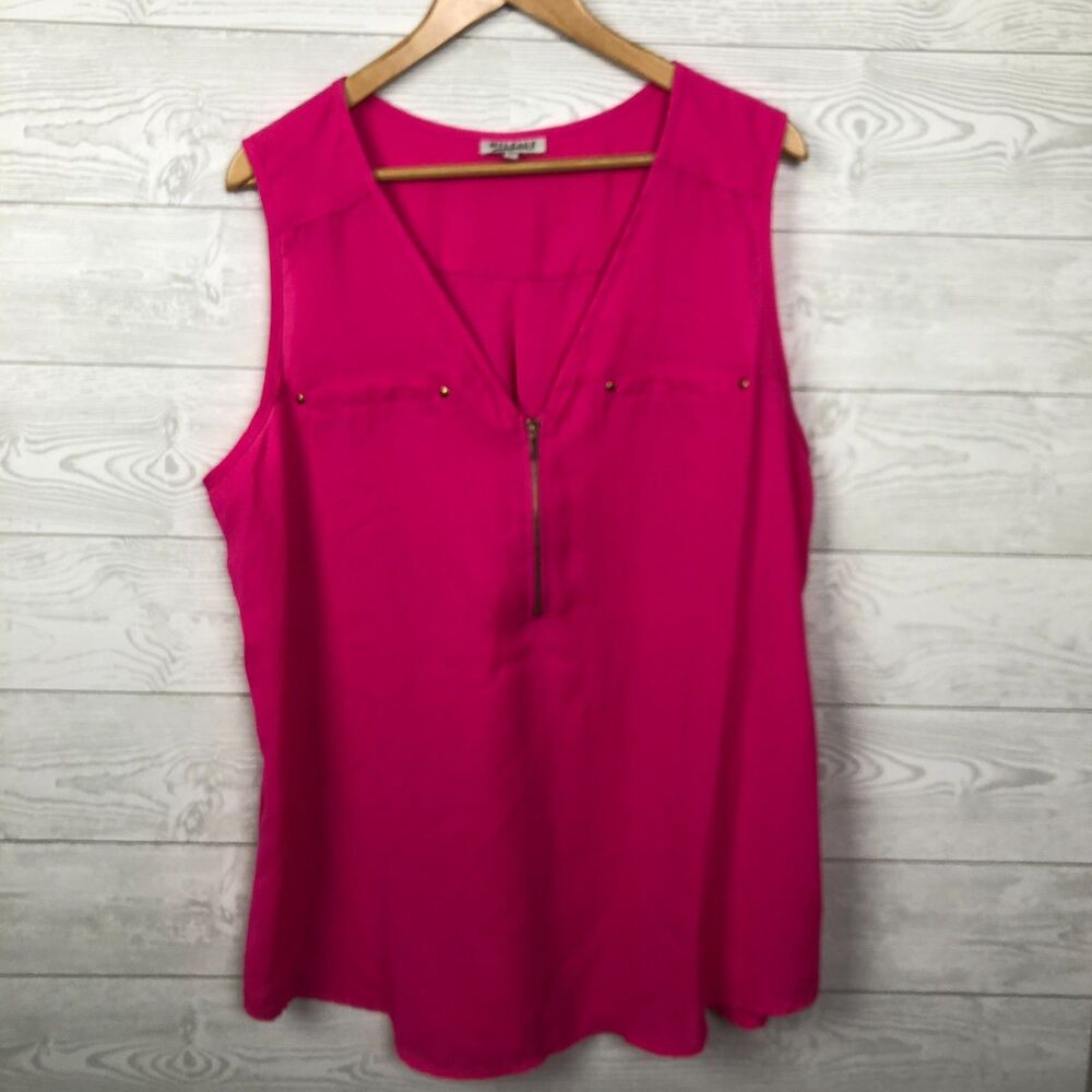 Mileage Women's 2X V Neck Tank Top Sleeveless Shirt Zip Front Hot Pink Casual